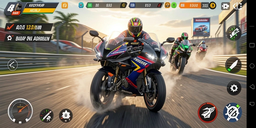 Gambar gameplay AKUNJP yang menampilkan aksi balap motor seru.