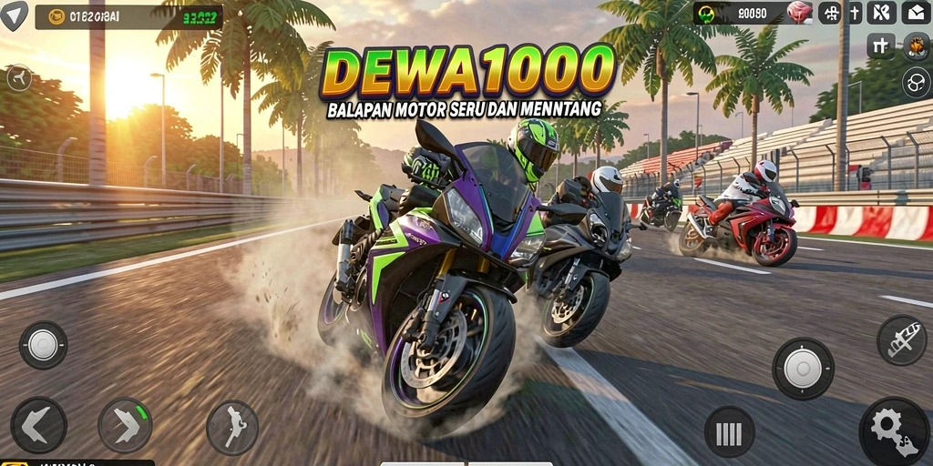 Screenshot DEWA1000 menampilkan aksi balapan motor yang seru dan mendebarkan.