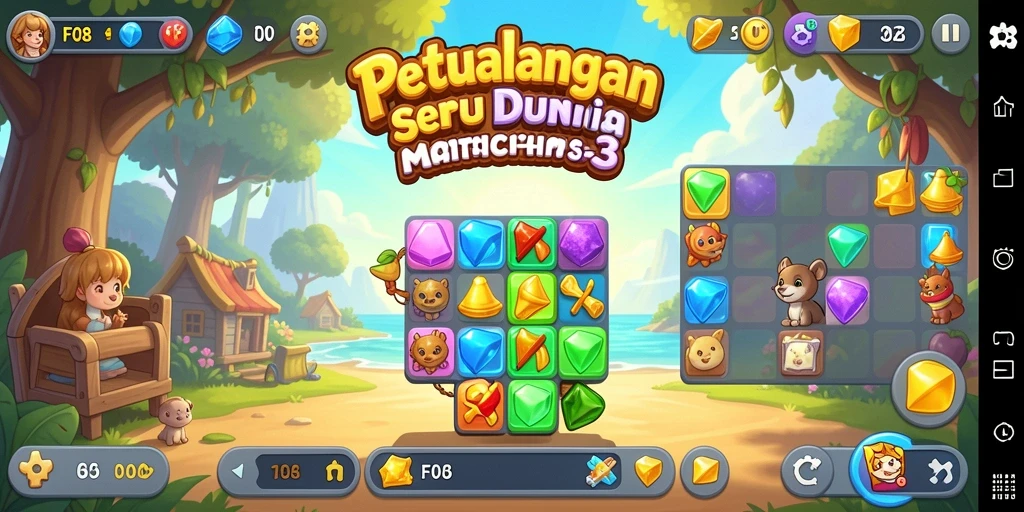 Tangkapan layar F08 menunjukkan gameplay seru dengan berbagai tantangan Match-3.