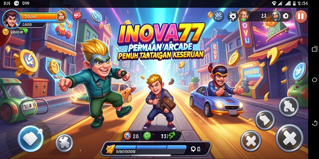 Screenshot utama INOVA77 menampilkan gameplay seru dan penuh warna.