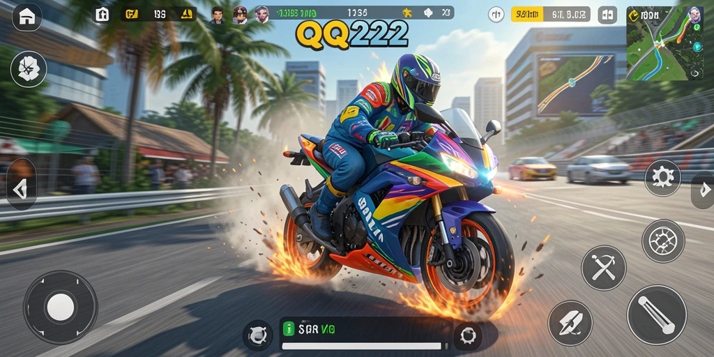 Tampilan gameplay QQ222 dengan aksi balap motor yang menegangkan.