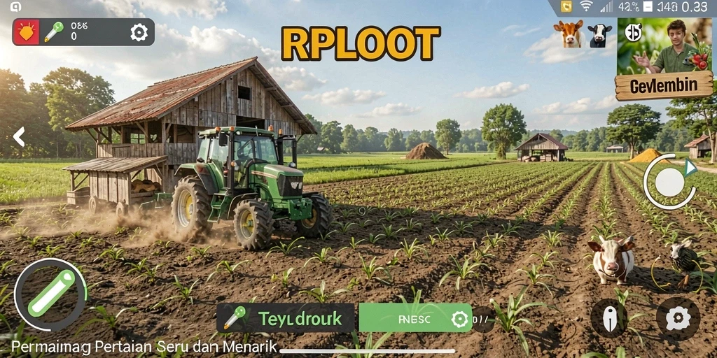 Tampilan gameplay RPLOOT yang menampilkan ladang yang luas dan aktivitas pertanian.