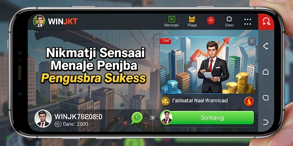 Screenshot utama WINJKT menampilkan gameplay seru dan strategi bisnis yang menantang.
